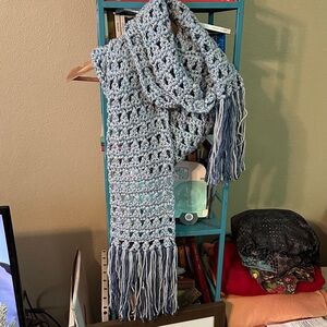 Handmade Blue Crochet Scarf with Fringe